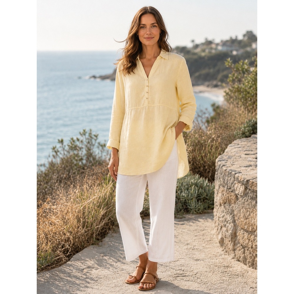 NWT Sigrid Olsen Yellow 100% Linen Roll Tab Sleeve Empire Waist Tunic Top Size M